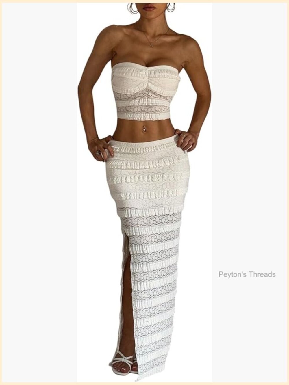 2 Piece Maxi Skirt Set Strapless Tube Top Slit Thigh Bodycon Skirt Lace